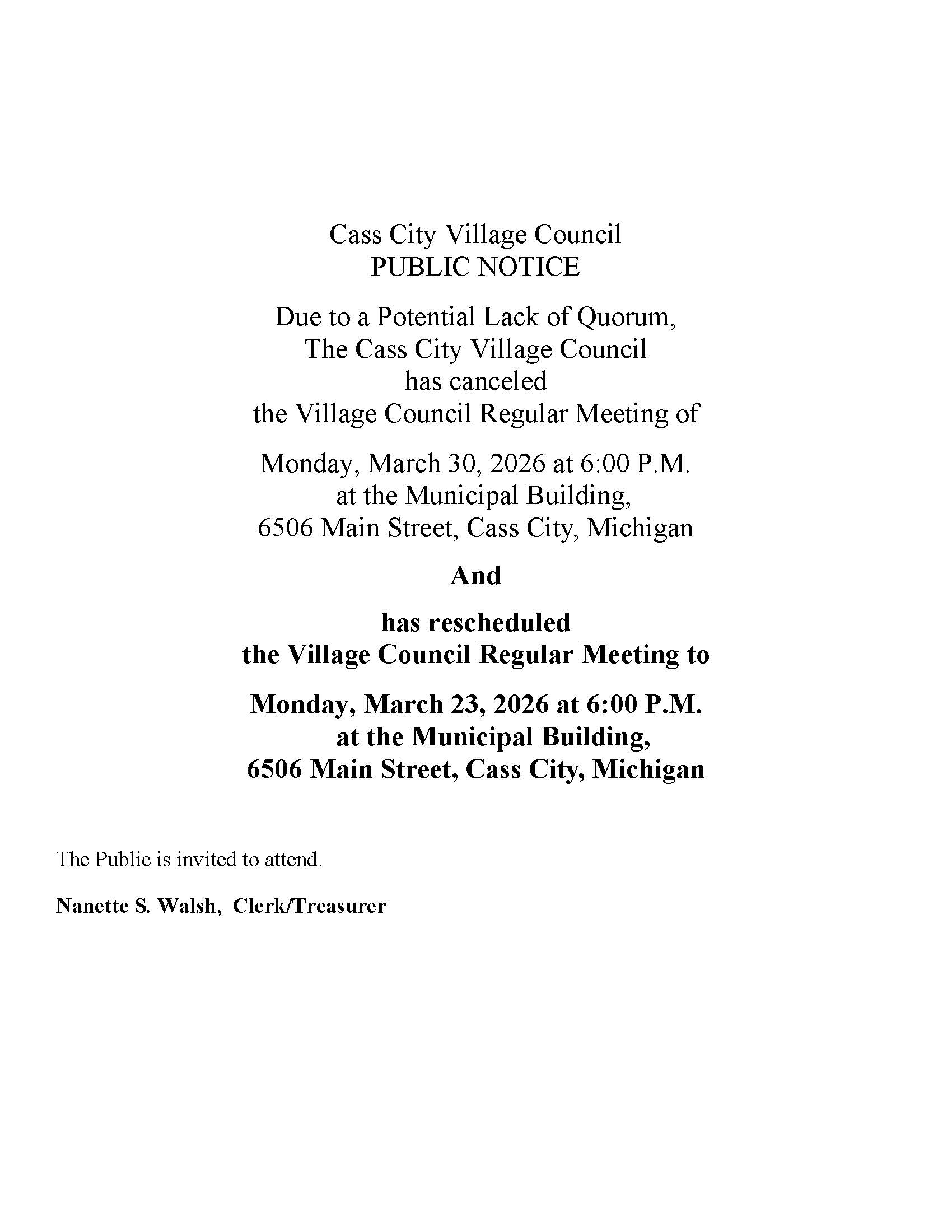 Meeting Canceled for Lack of Quorum